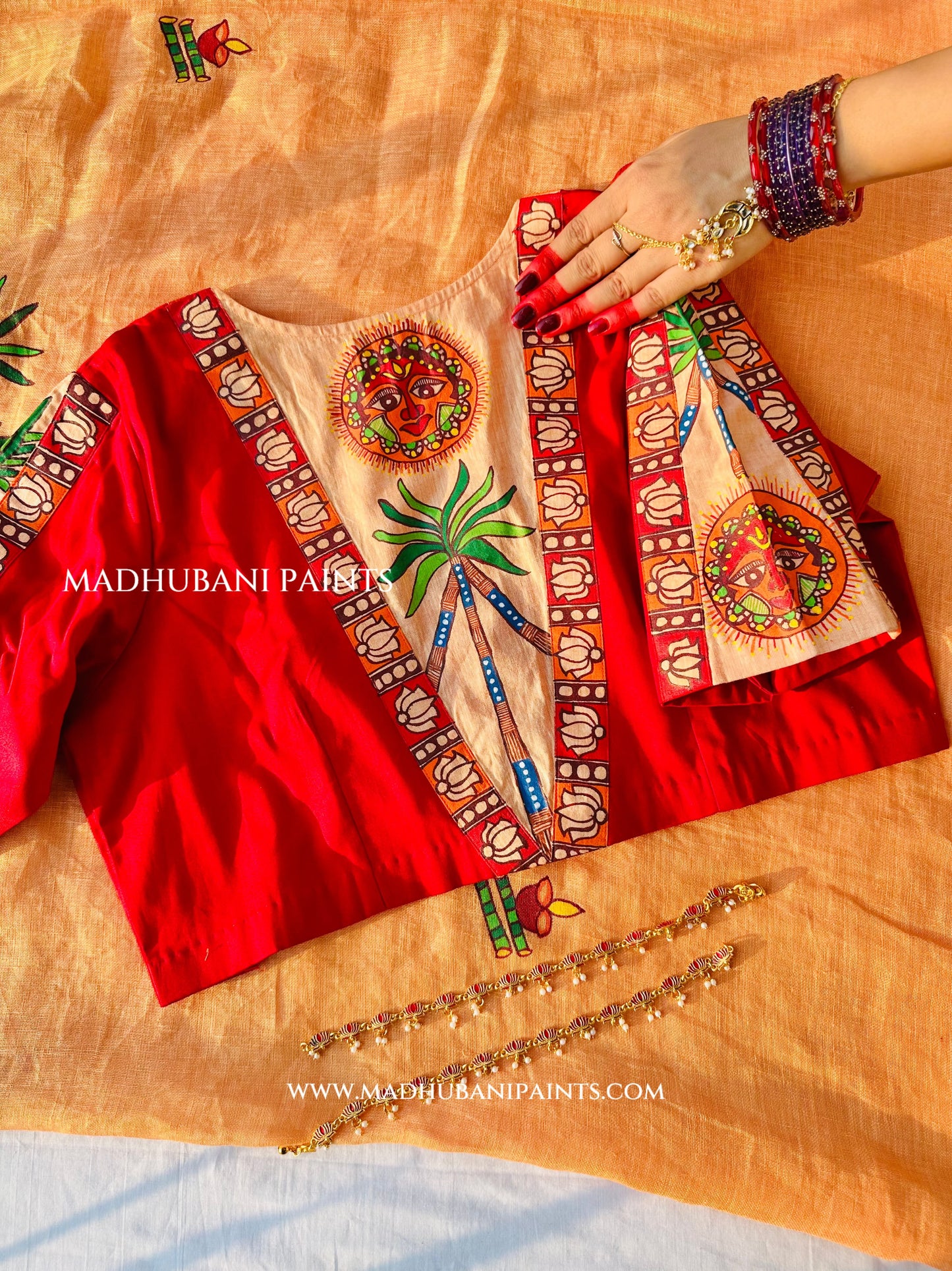 Chhath Puja Ghat Handpainted Madhubani Linen Saree Blouse Set