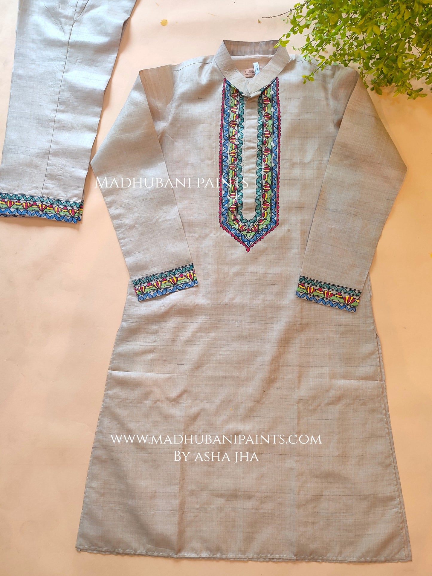 Minimal Mithila Hand-painted Beige Madhubani Men's Tussar Silk Kurta