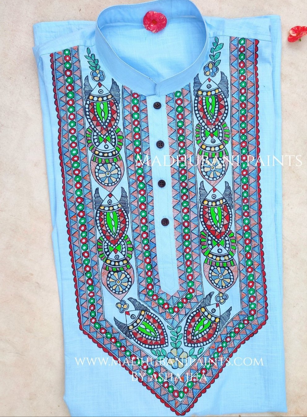 Light Blue Men's Fish Hand-painted Handloom Cotton Kurta