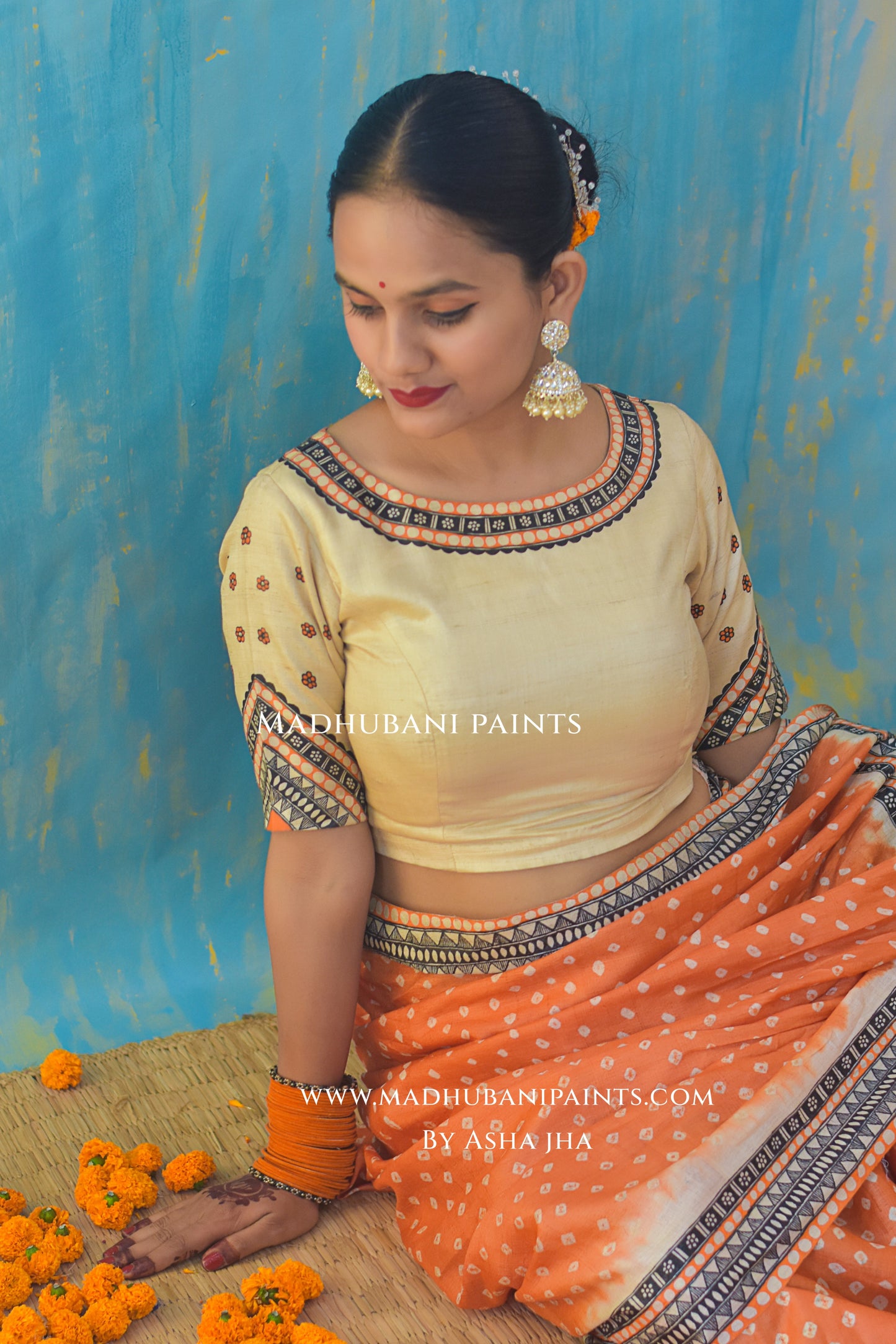 KAMLAKSHI Hand-painted Madhubani Bandhini Tussar Silk Blouse