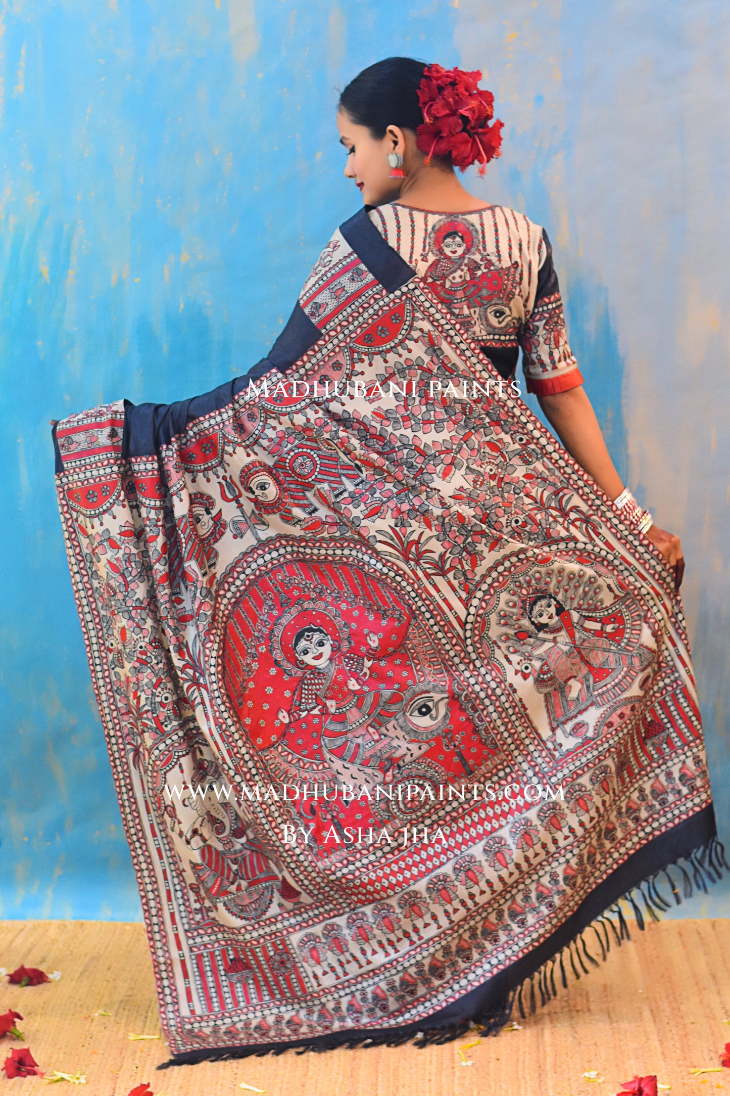 SHAMBHAVI Hand-painted Tussar Silk Saree Blouse Set