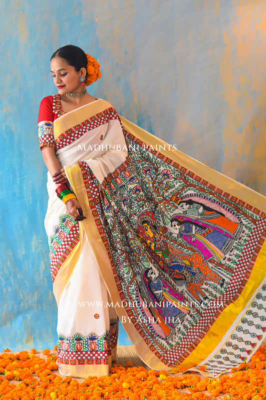 BHAIRAVI Hand-painted Madhubani Handloom Cotton Saree Blouse Set