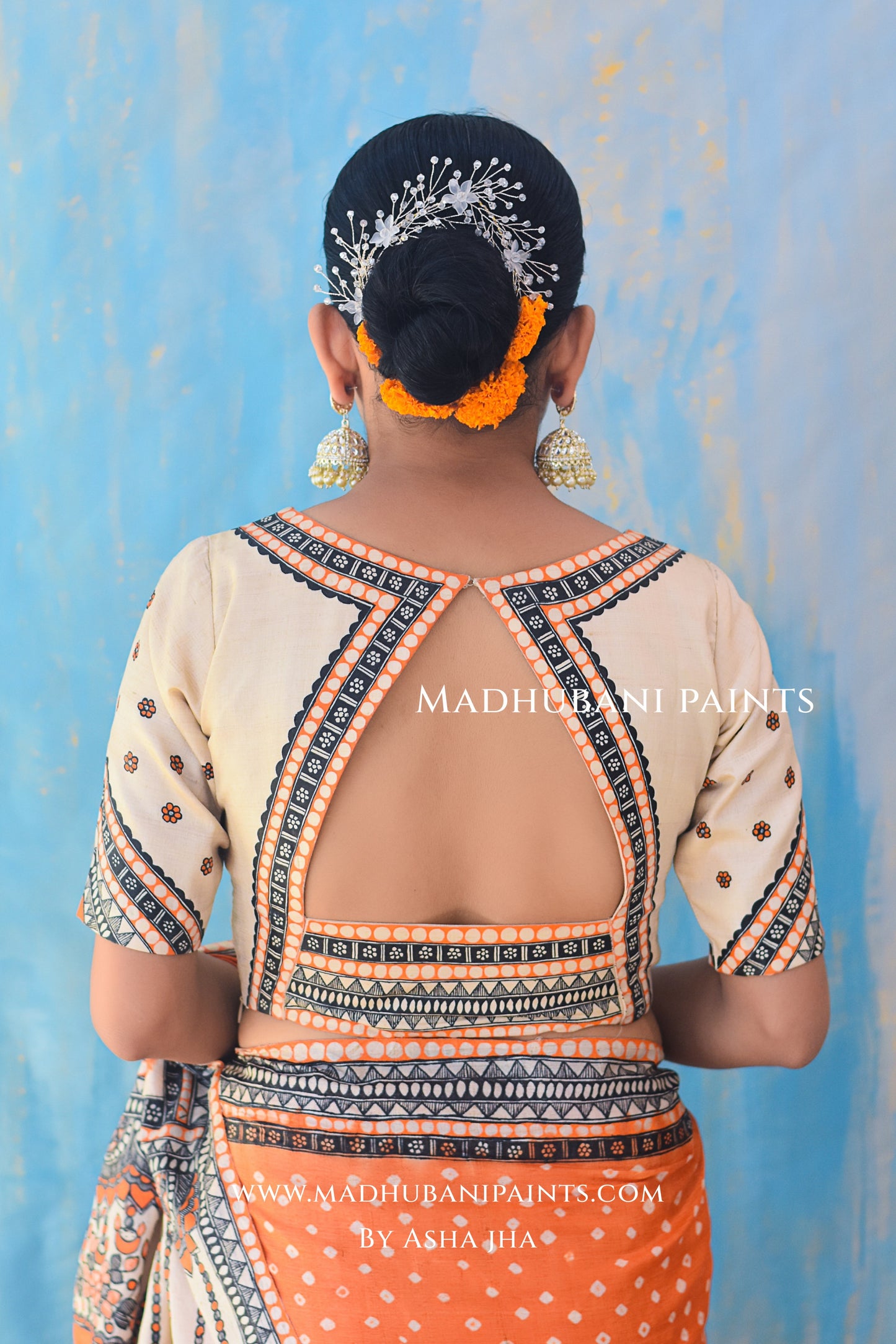 KAMLAKSHI Hand-painted Madhubani Bandhini Tussar Silk Saree Blouse Set