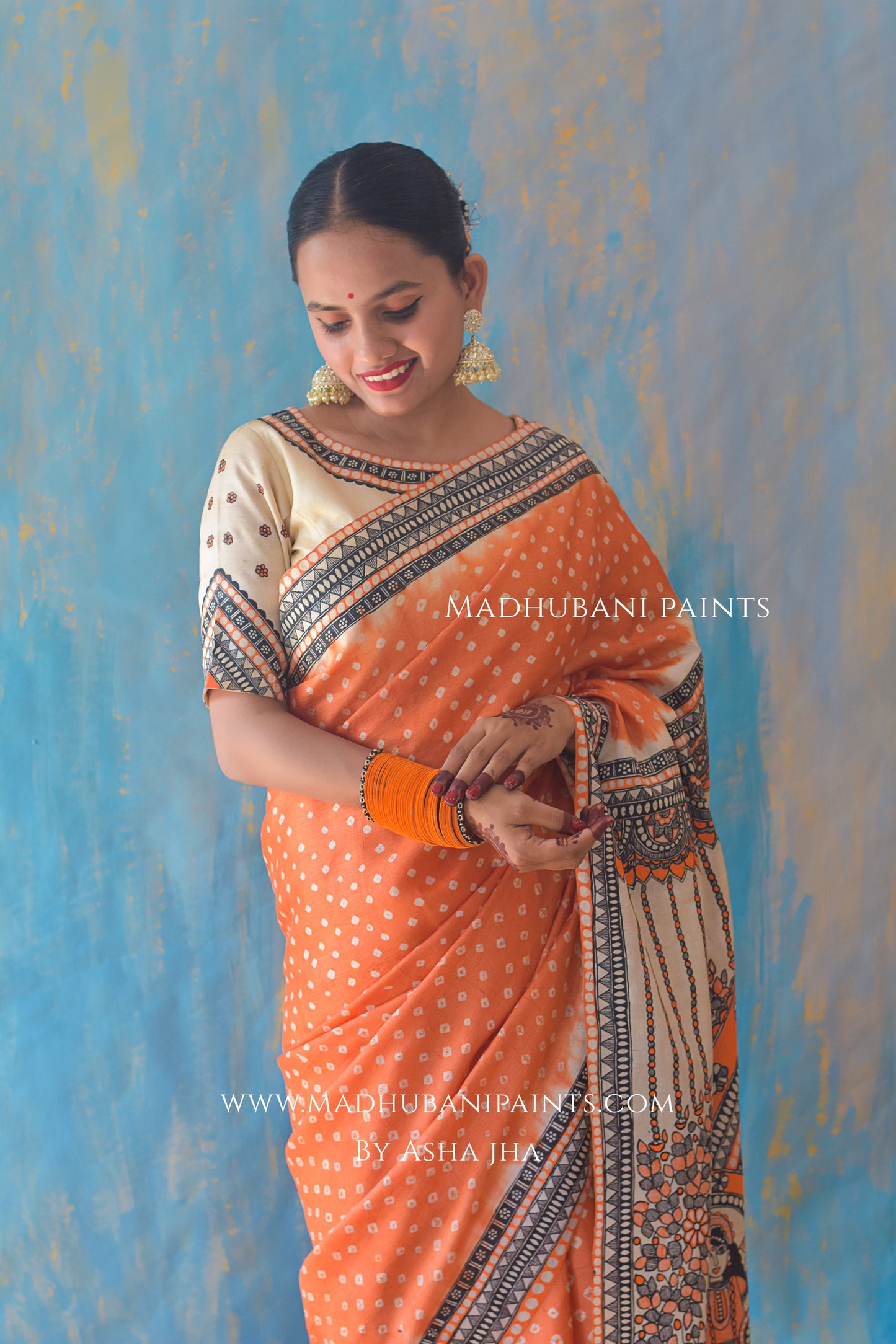 KAMLAKSHI Hand-painted Madhubani Bandhini Tussar Silk Saree Blouse Set