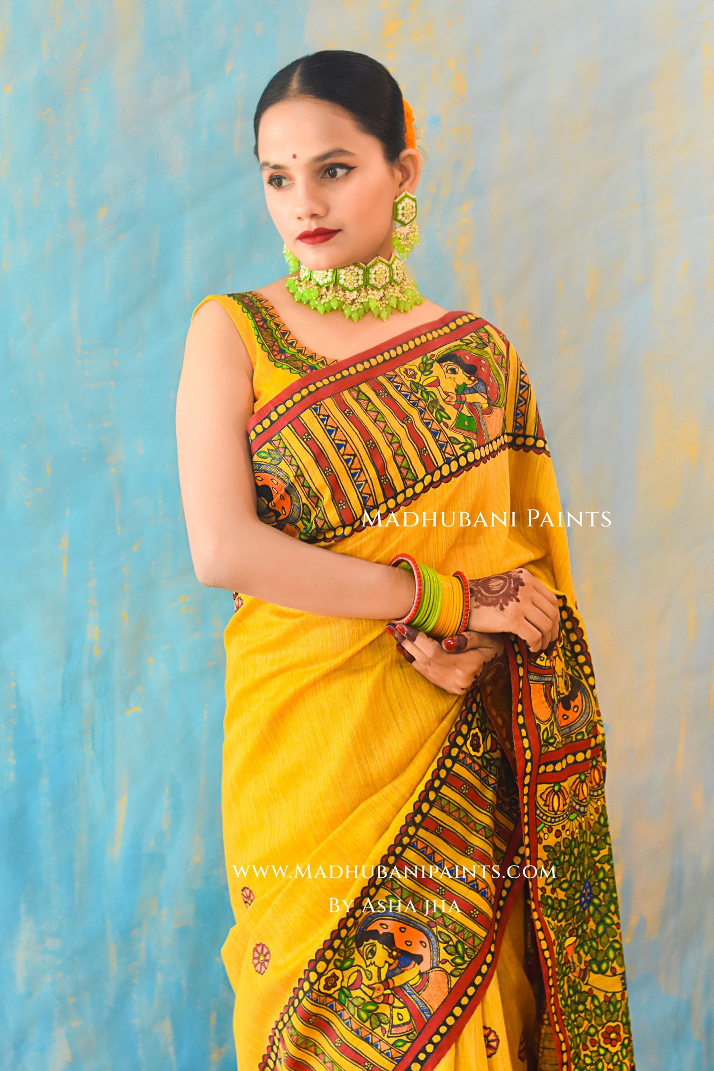 KAMESHWARI Madhubani Hand-painted Chanderi Silk Saree Blouse Set
