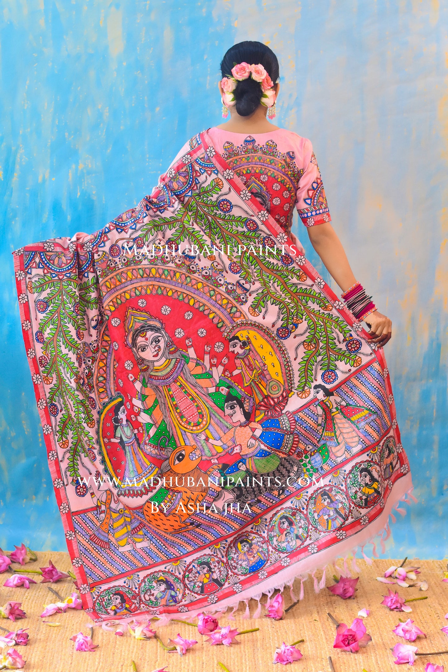 PADAMSUNDARI Hand-painted Madhubani Tussar Silk Saree Blouse Set