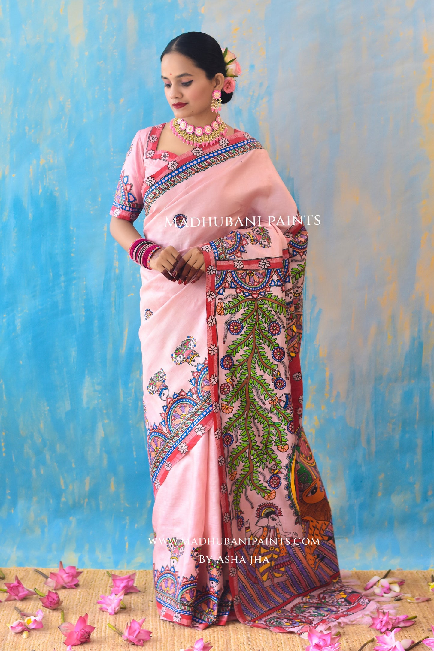 PADAMSUNDARI Hand-painted Madhubani Tussar Silk Saree Blouse Set