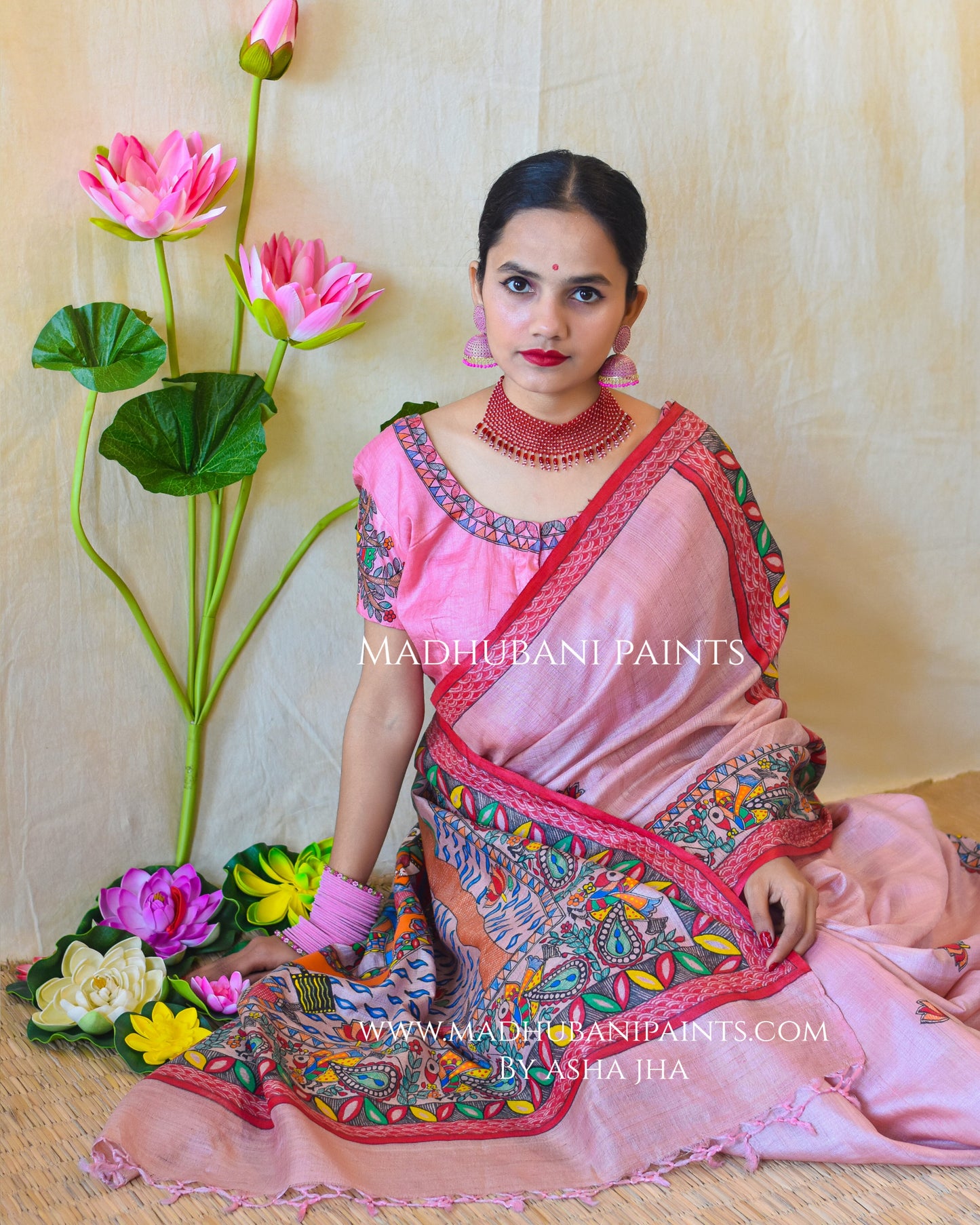 'KEVAT PREM' Handpainted Madhubani Tussar Silk Saree Blouse Set