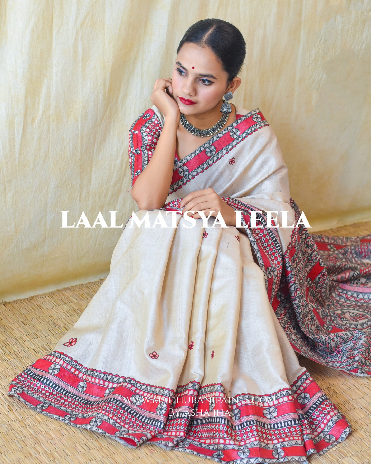 'LAAL MATSYA LEELA'  Handpainted Madhubani Tussar Silk Saree
