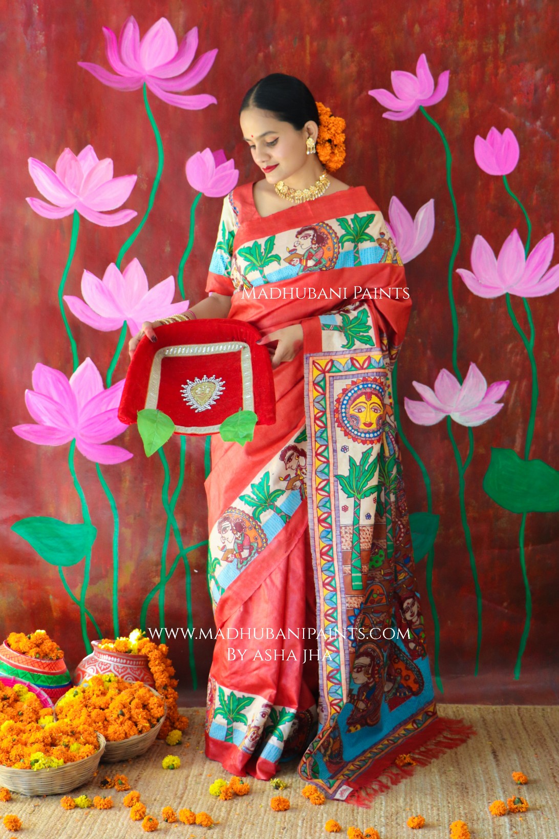 CHHATH POOJA SHAKTI Handpainted Madhubani Tussar Silk Saree Blouse Set