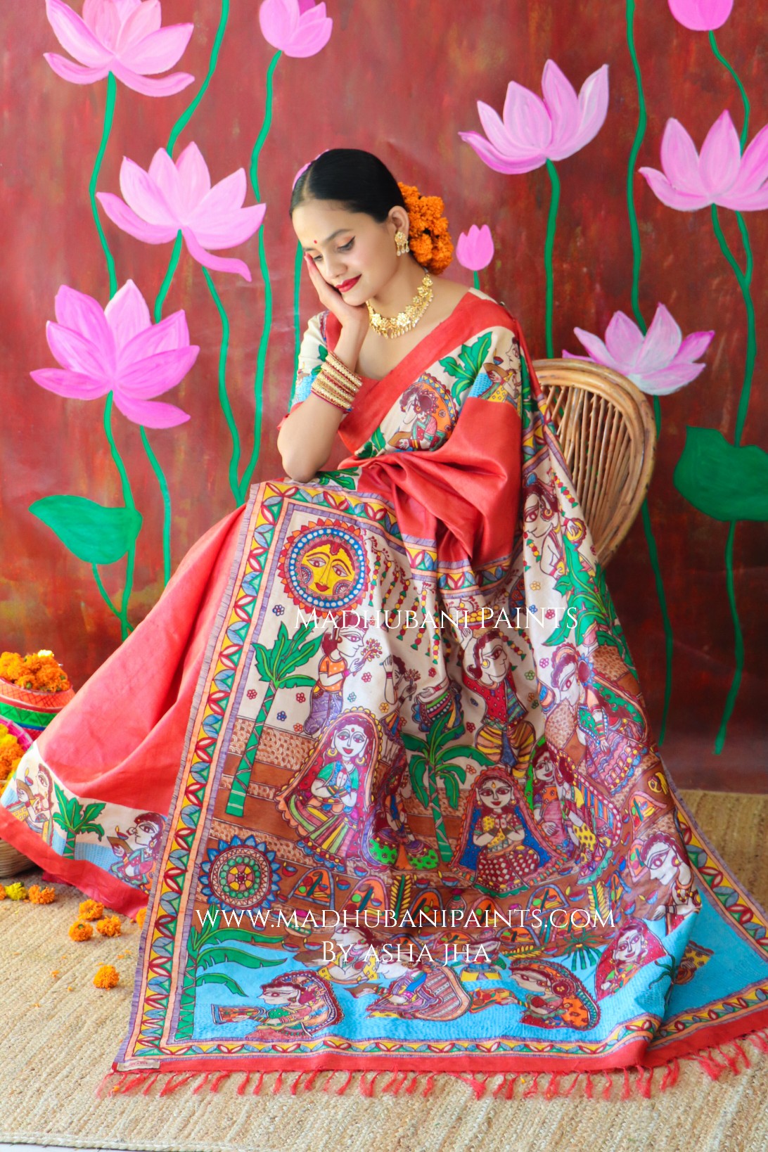 CHHATH POOJA SHAKTI Handpainted Madhubani Tussar Silk Saree Blouse Set