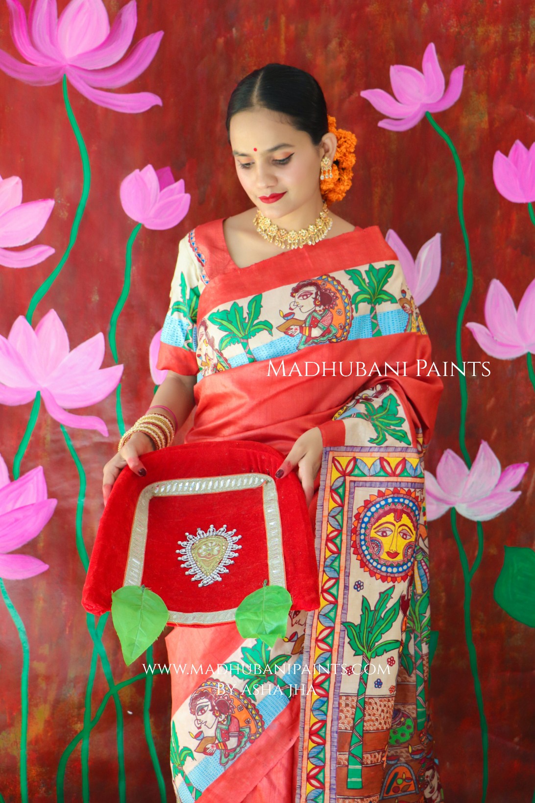 CHHATH POOJA SHAKTI Handpainted Madhubani Tussar Silk Saree Blouse Set
