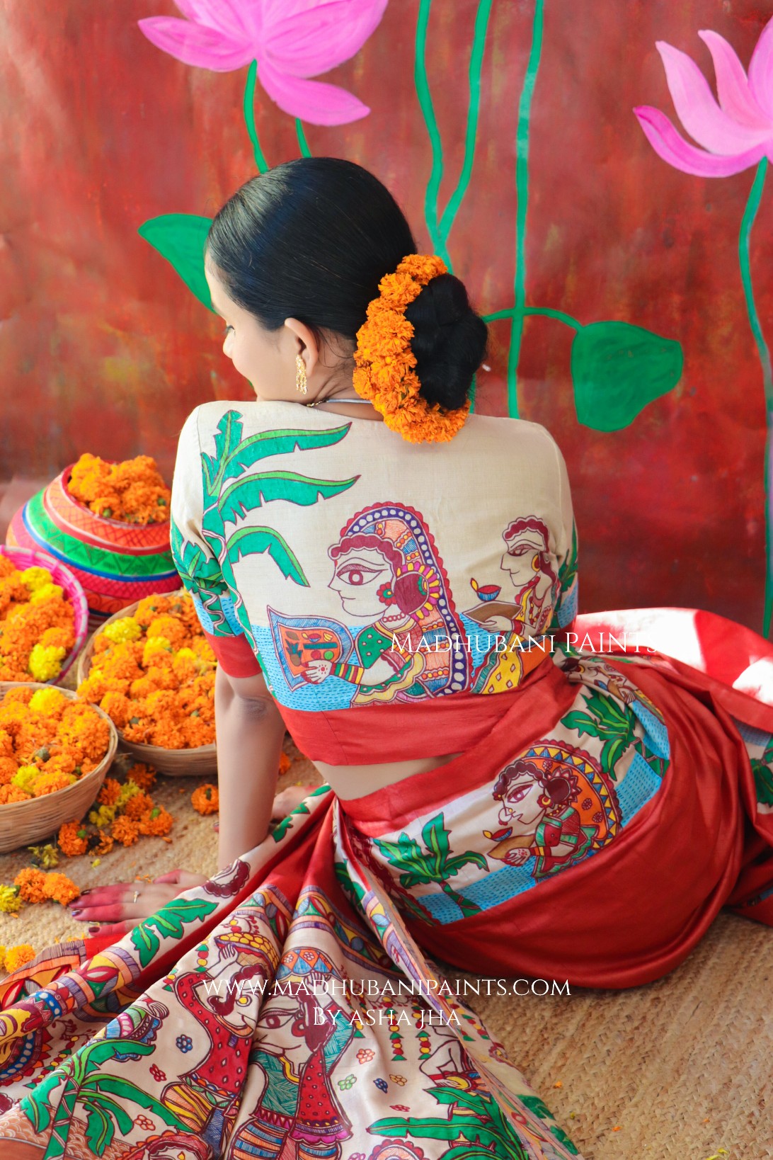CHHATH POOJA SHAKTI Handpainted Madhubani Tussar Silk Saree Blouse Set