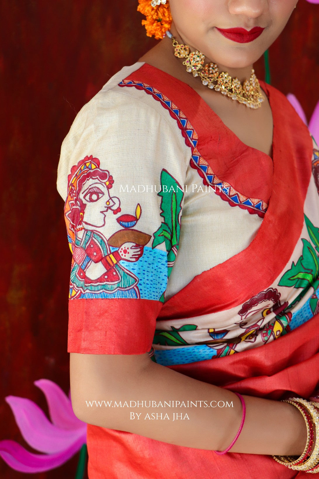CHHATH POOJA SHAKTI Handpainted Madhubani Tussar Silk Saree Blouse Set