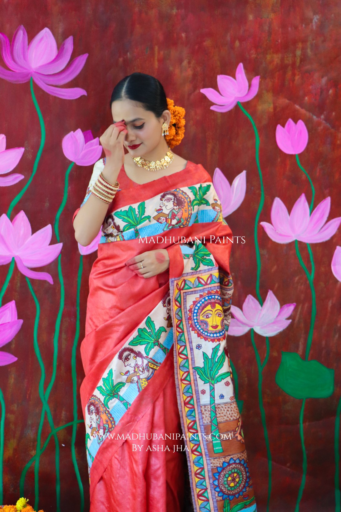 CHHATH POOJA SHAKTI Handpainted Madhubani Tussar Silk Saree Blouse Set