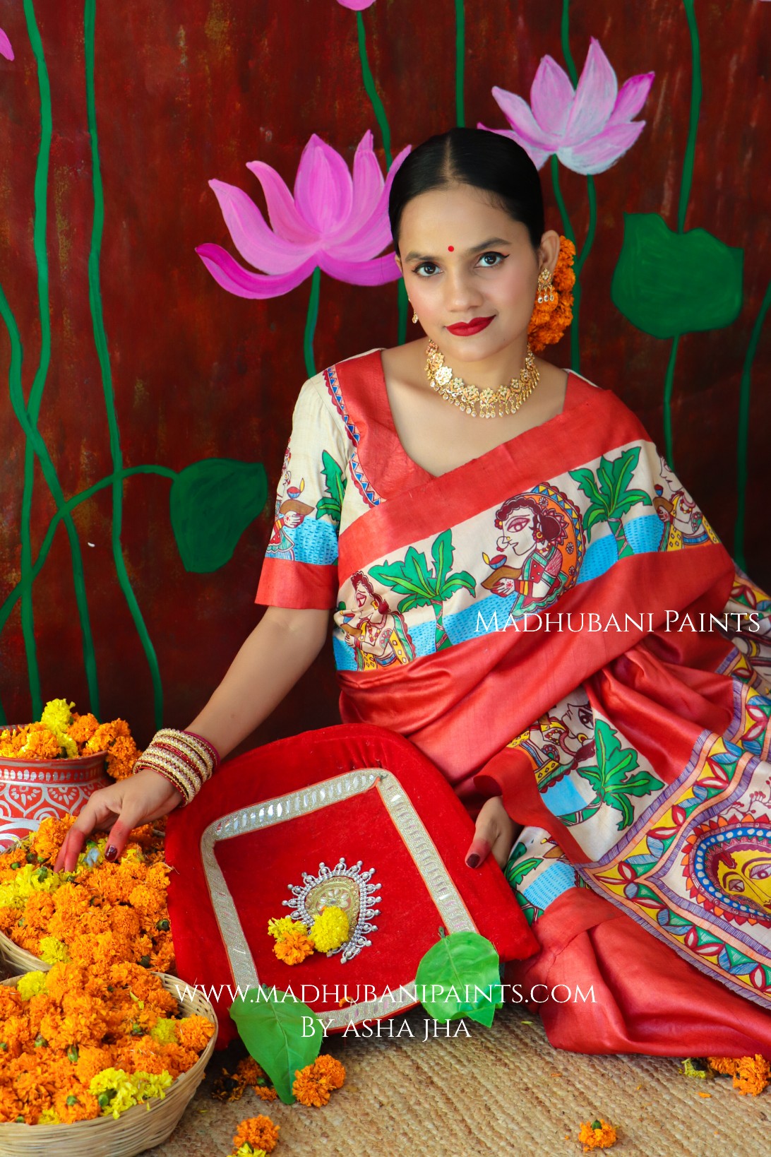 CHHATH POOJA SHAKTI Handpainted Madhubani Tussar Silk Saree Blouse Set