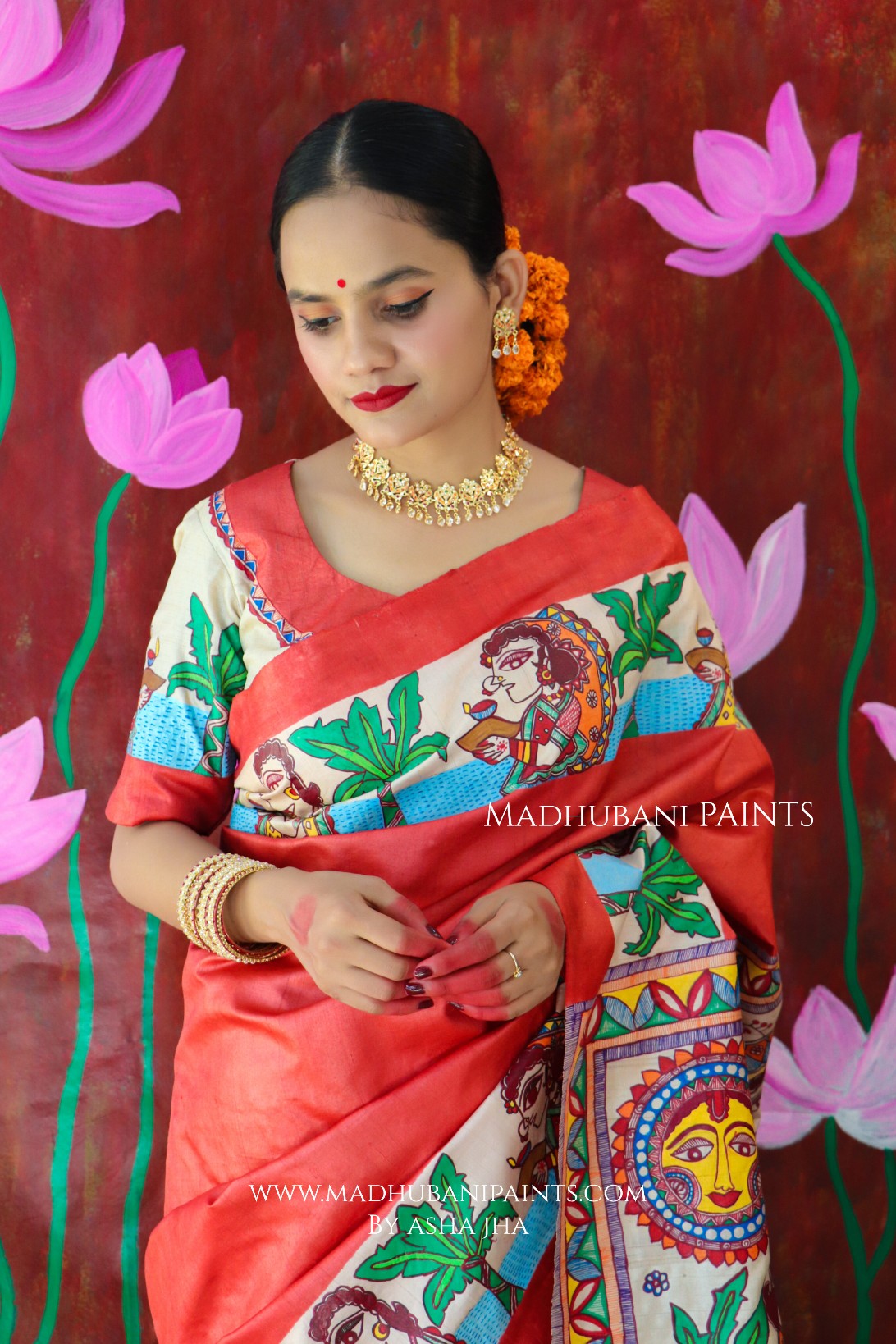 CHHATH POOJA SHAKTI Handpainted Madhubani Tussar Silk Saree Blouse Set