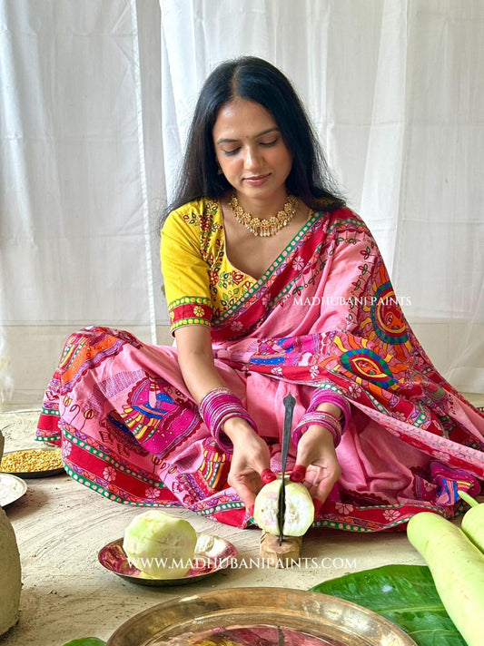 Pink Surya Shalini Chhath Puja Handpainted Madhubani Cotton Saree
