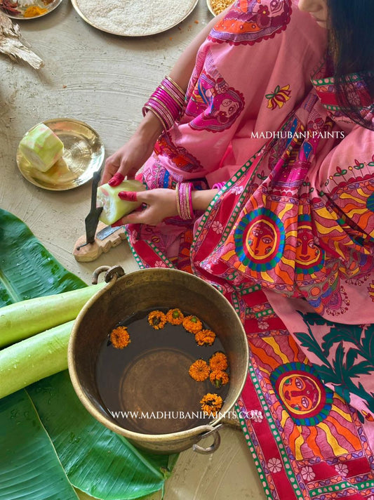 Pink Surya Shalini Chhath Puja Handpainted Madhubani Cotton Saree