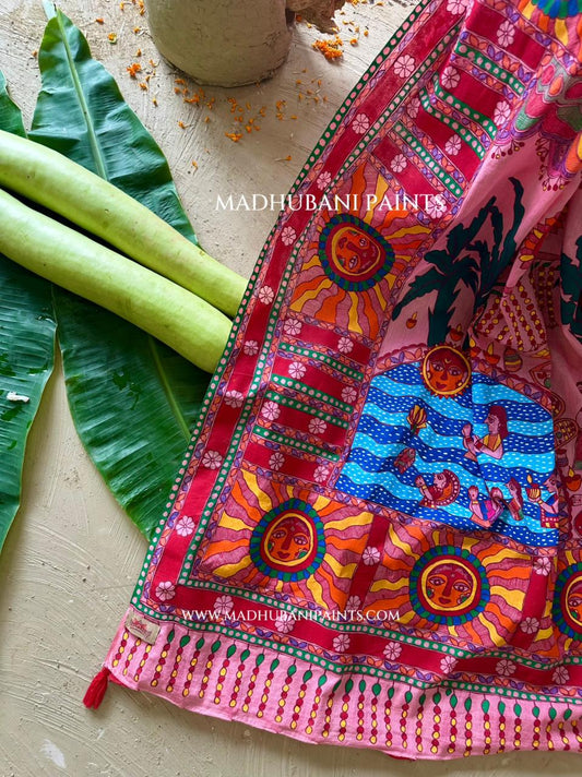 Pink Surya Shalini Chhath Puja Handpainted Madhubani Cotton Saree Blouse Set