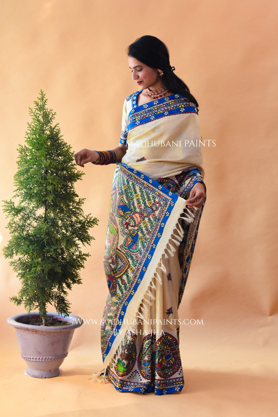 NISARG RANG Hand-painted Madhubani Tussar Silk Saree Blouse Set