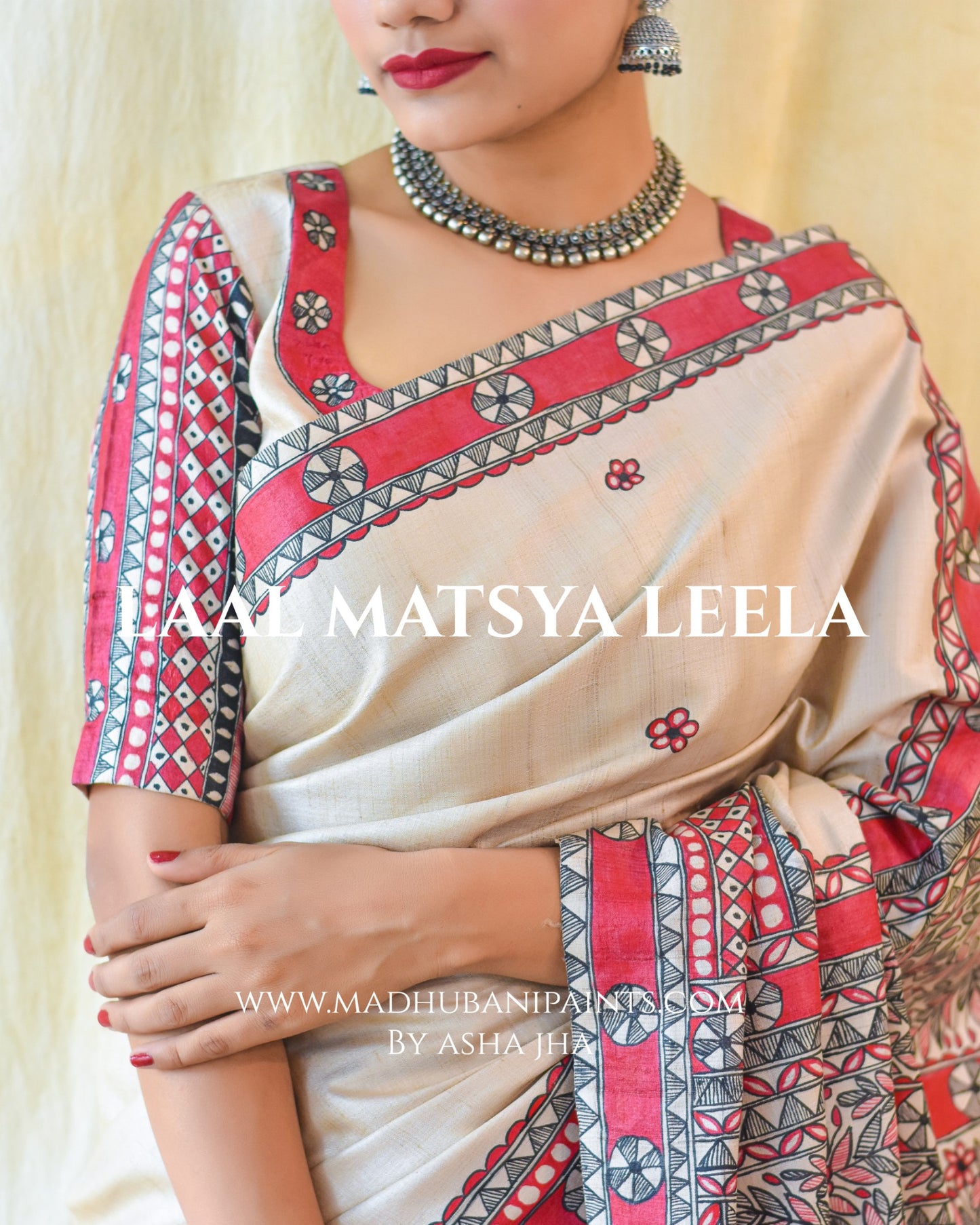 'LAAL MATSYA LEELA' Handpainted Madhubani Tussar Silk Saree Blouse Set