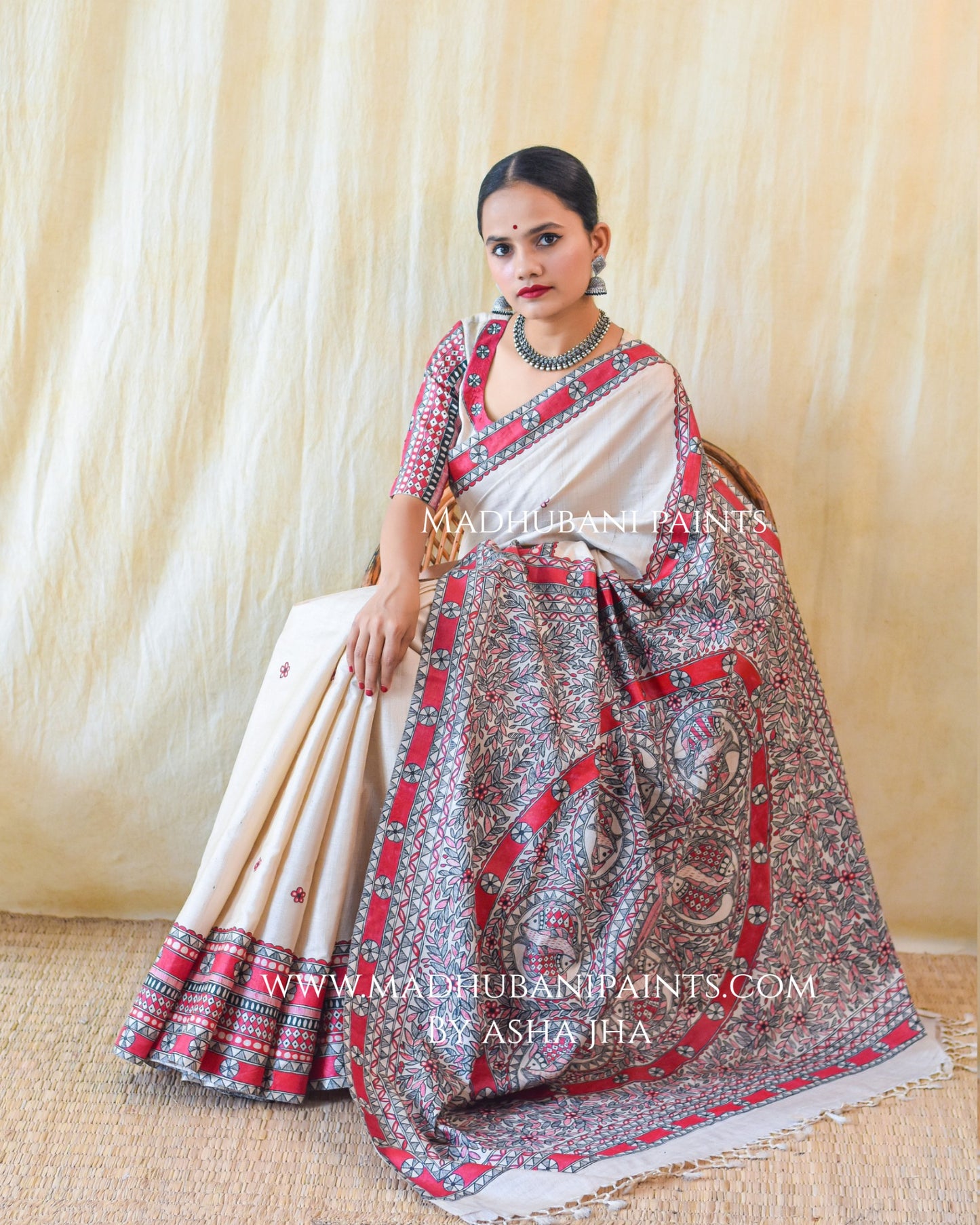 'LAAL MATSYA LEELA' Handpainted Madhubani Tussar Silk Saree Blouse Set