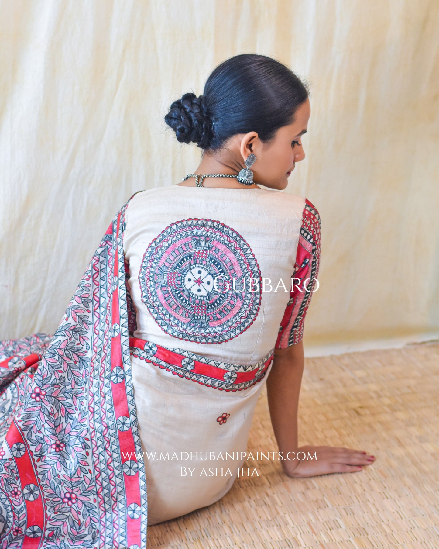 'LAAL MATSYA LEELA' Handpainted Madhubani Tussar Silk Saree Blouse Set