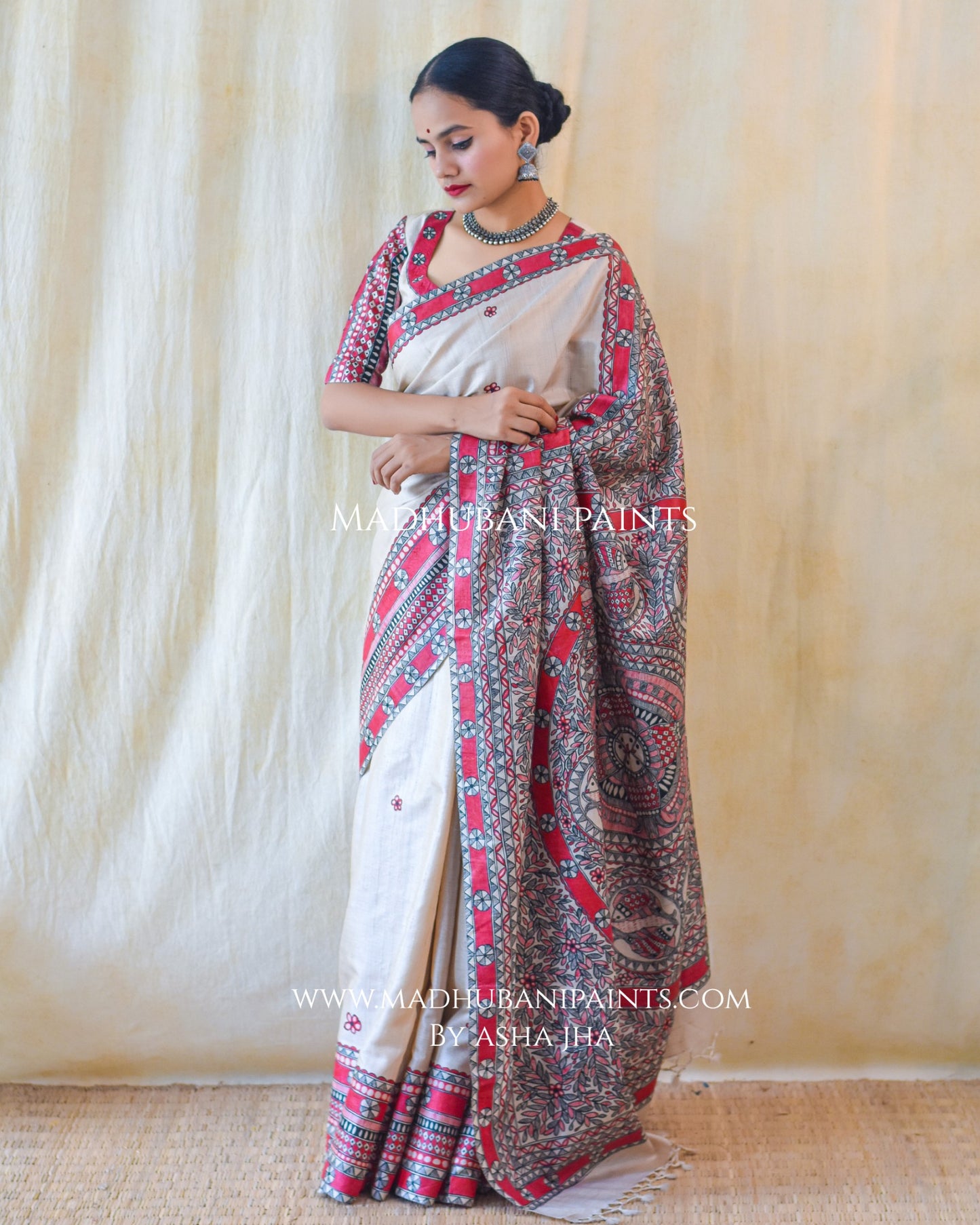 'LAAL MATSYA LEELA' Handpainted Madhubani Tussar Silk Saree Blouse Set