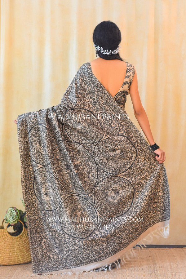 MAYUR MANDALI Handpainted Madhubani Saree