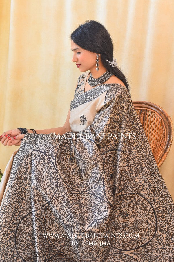 MAYUR MANDALI Handpainted Madhubani Saree