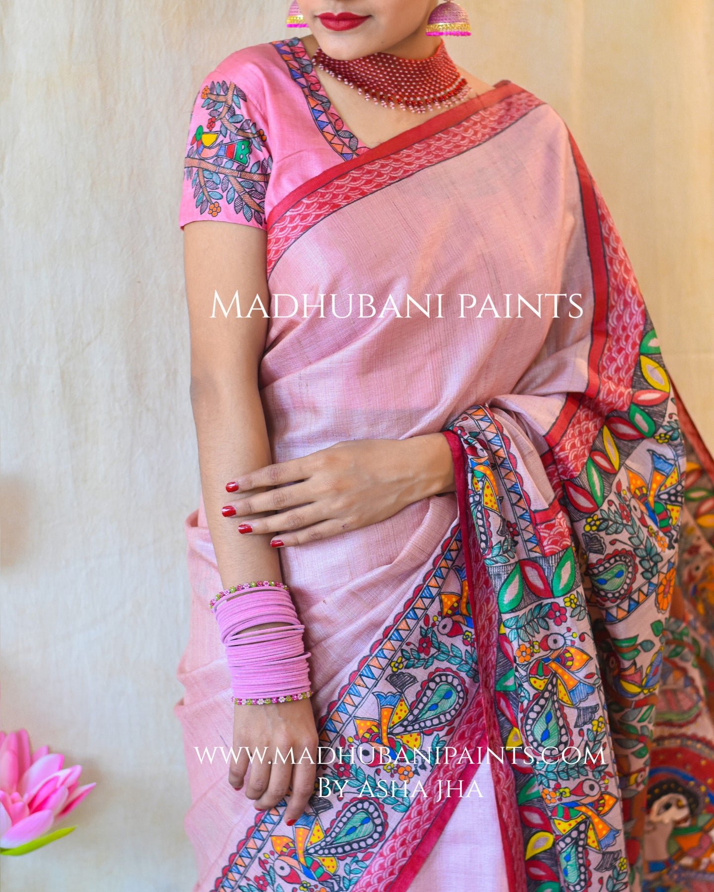 'KEVAT PREM'  Handpainted Madhubani Tussar Silk Saree Blouse Set