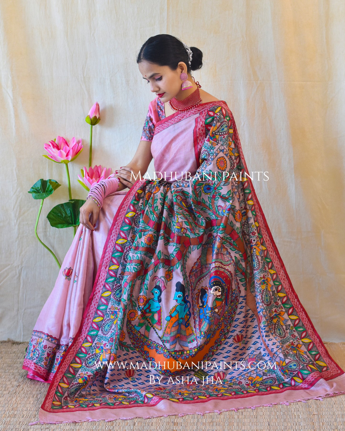 'KEVAT PREM' Handpainted Madhubani Tussar Silk Saree Blouse Set