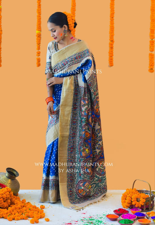 MATSYANGANA Hand-painted Bandhini Madhubani Tussar Silk Saree Blouse Set