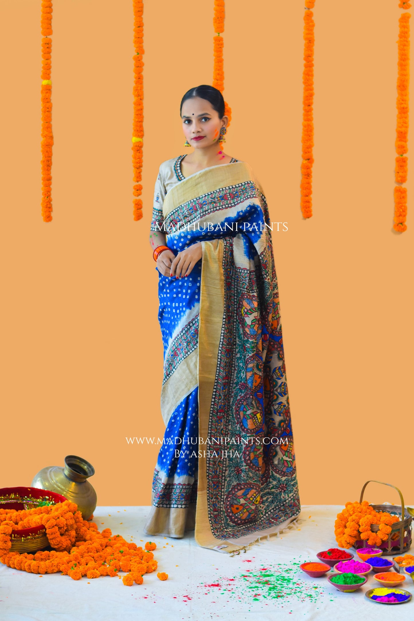 MATSYANGANA Hand-painted Bandhini Madhubani Tussar Silk Saree Blouse Set
