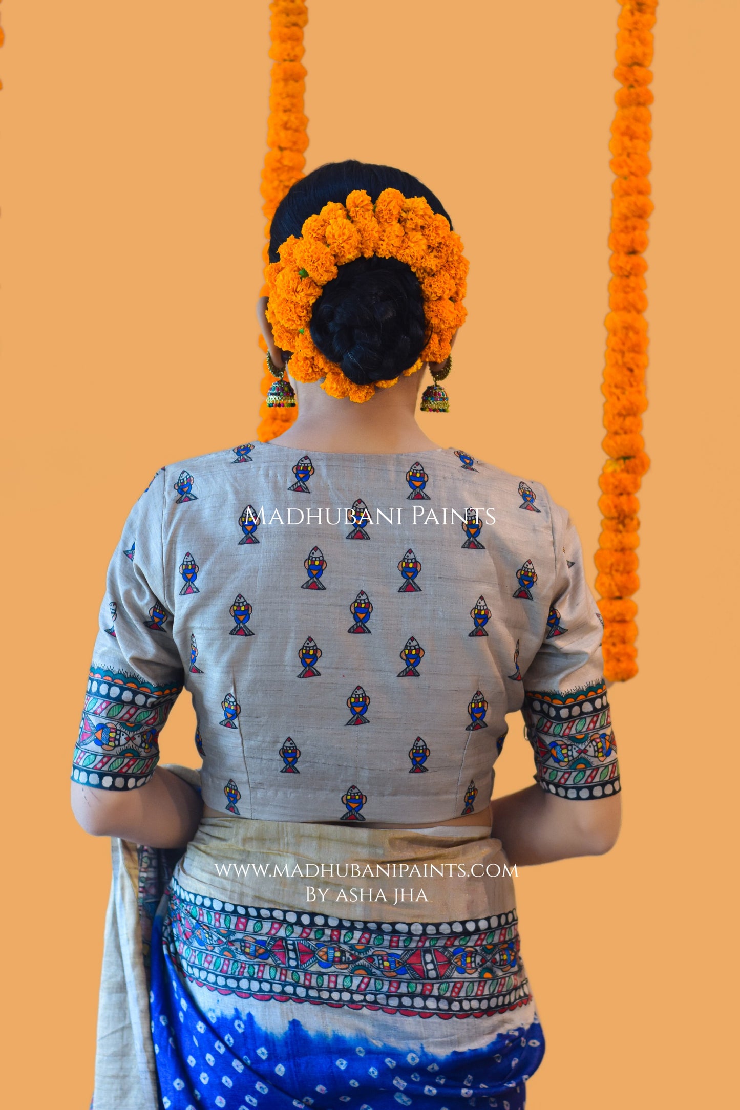 MATSYANGANA Hand-painted Bandhini Madhubani Tussar Silk Saree Blouse Set