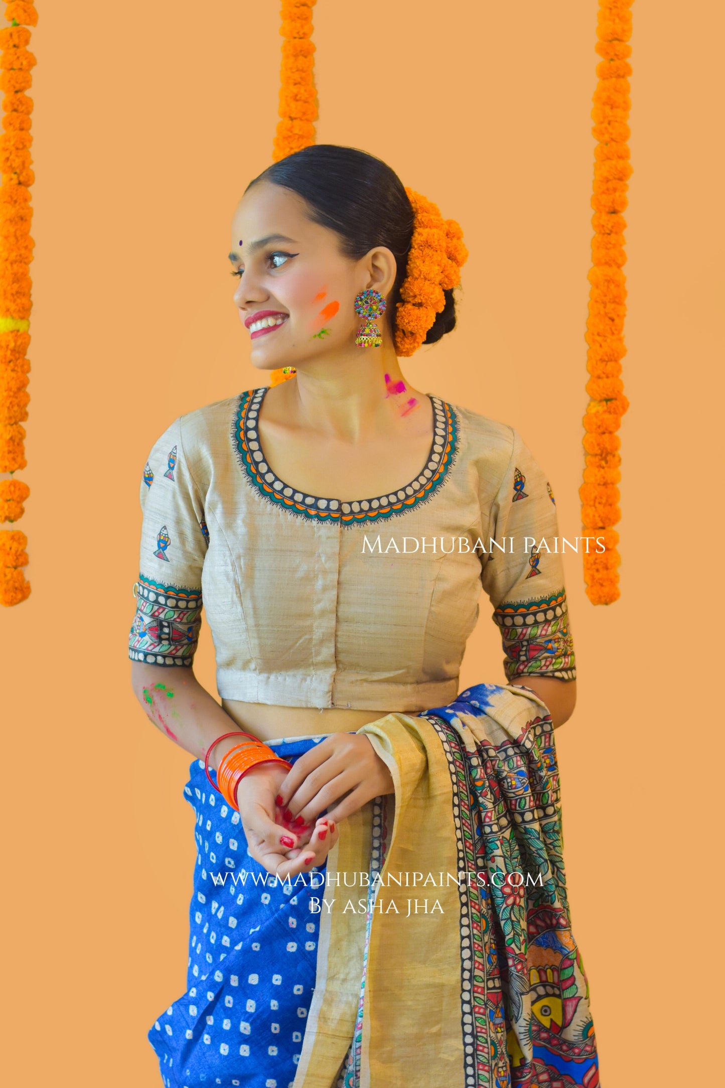 MATSYANGANA Hand-painted Bandhini Madhubani Tussar Silk Saree Blouse Set