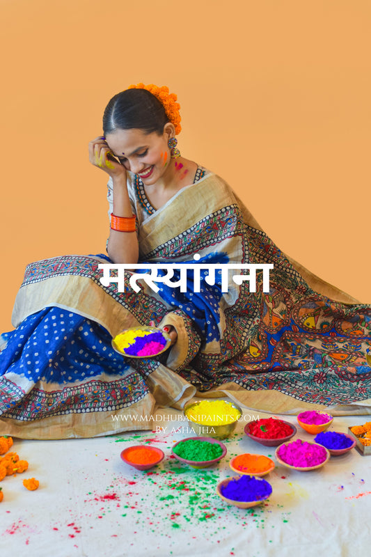MATSYANGANA Hand-painted Bandhini Madhubani Tussar Silk Saree Blouse Set