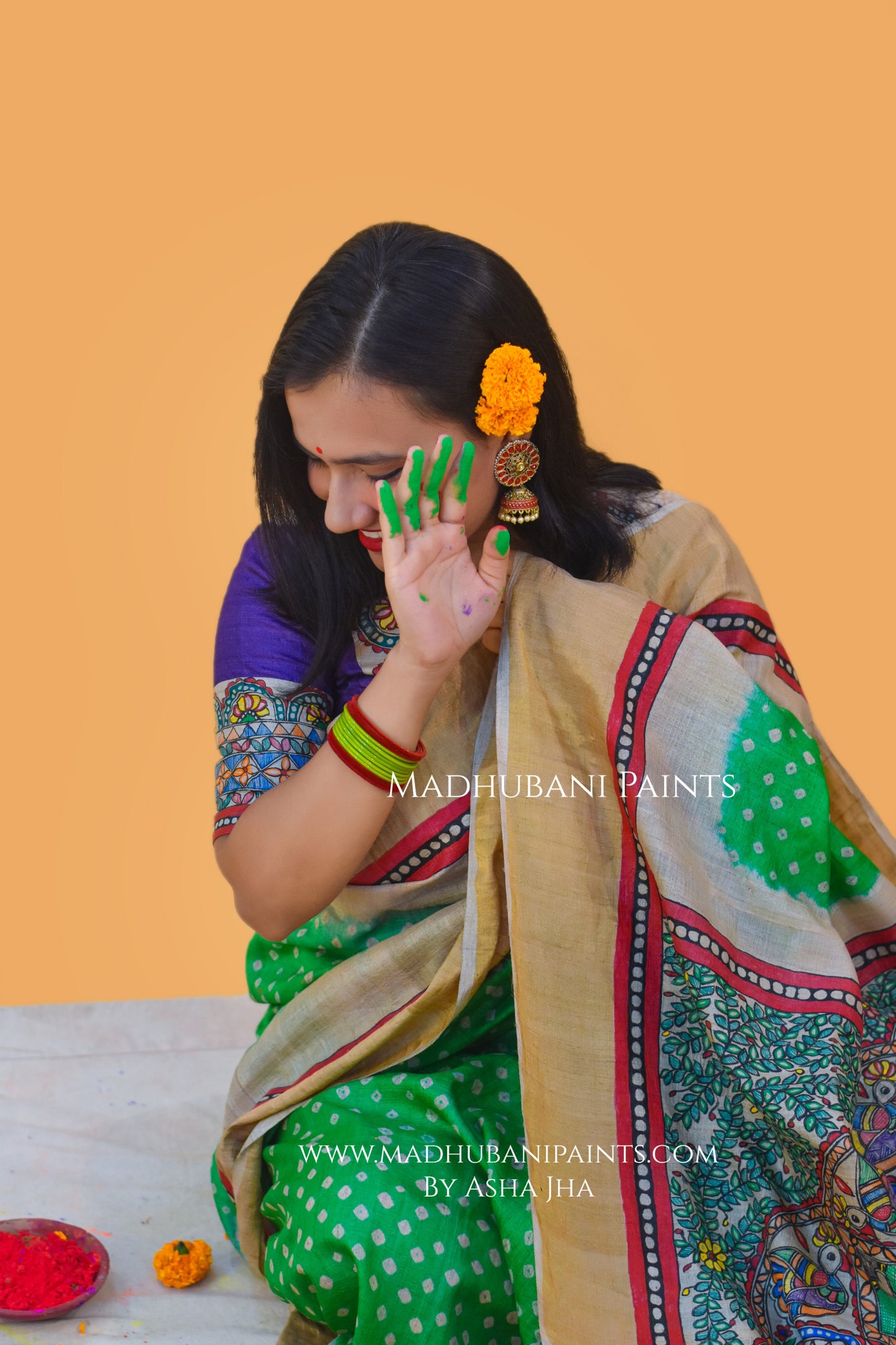 SURMAI MAYUR MANDALA Hand-painted Bandhini Madhubani Saree