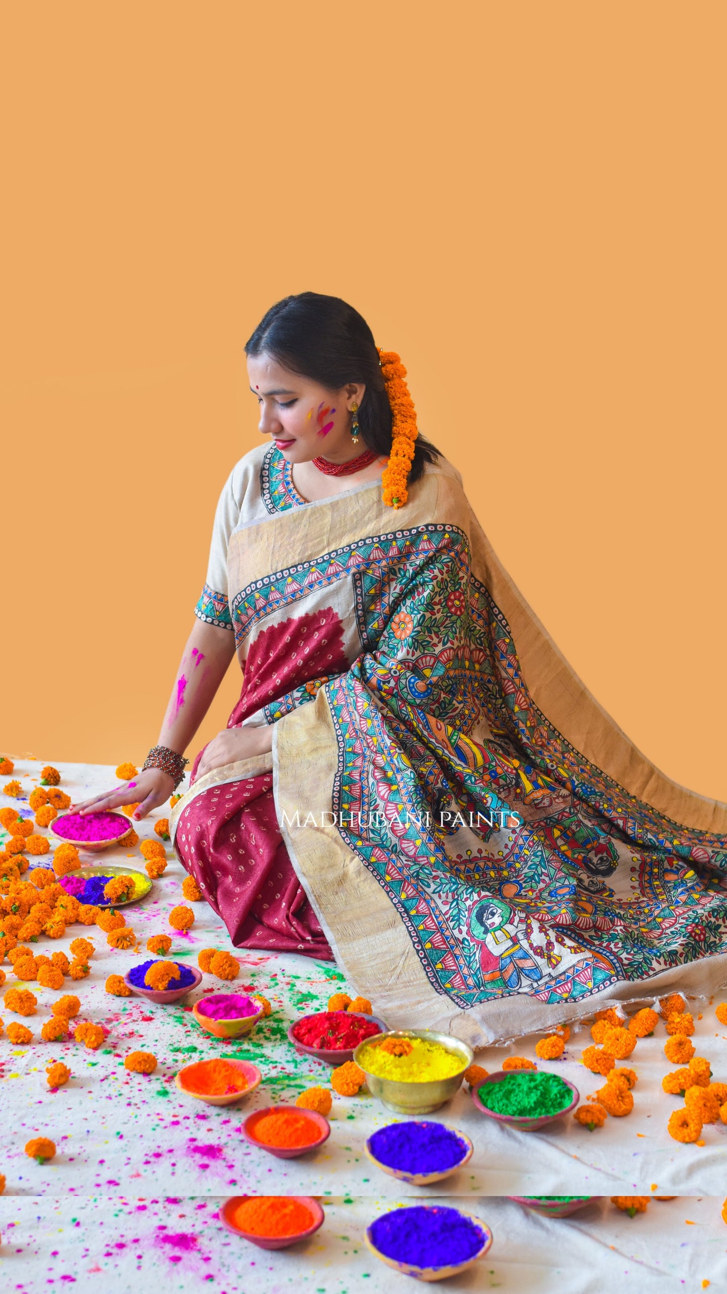 GAURI PUJA Hand-painted Madhubani Bandhini Tussar Silk Saree
