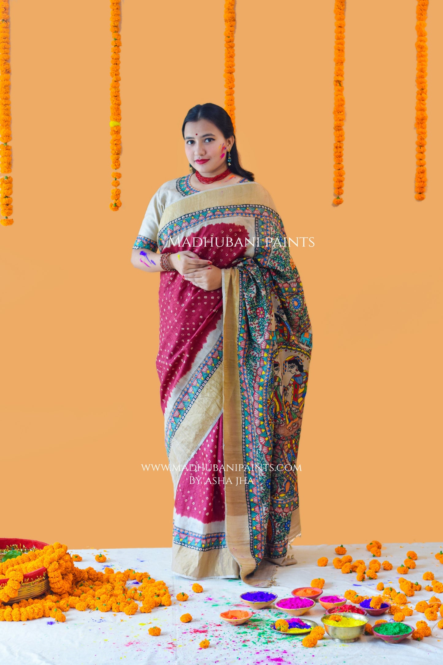 GAURI PUJA Hand-painted Madhubani Bandhini Tussar Silk Saree