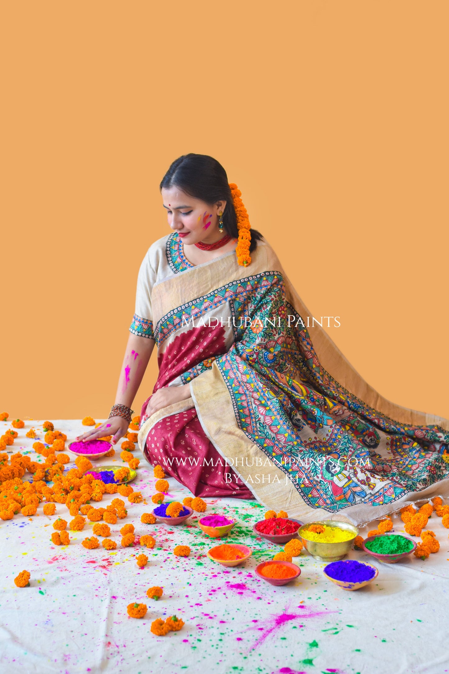 GAURI PUJA Hand-painted Madhubani Bandhini Tussar Silk Saree