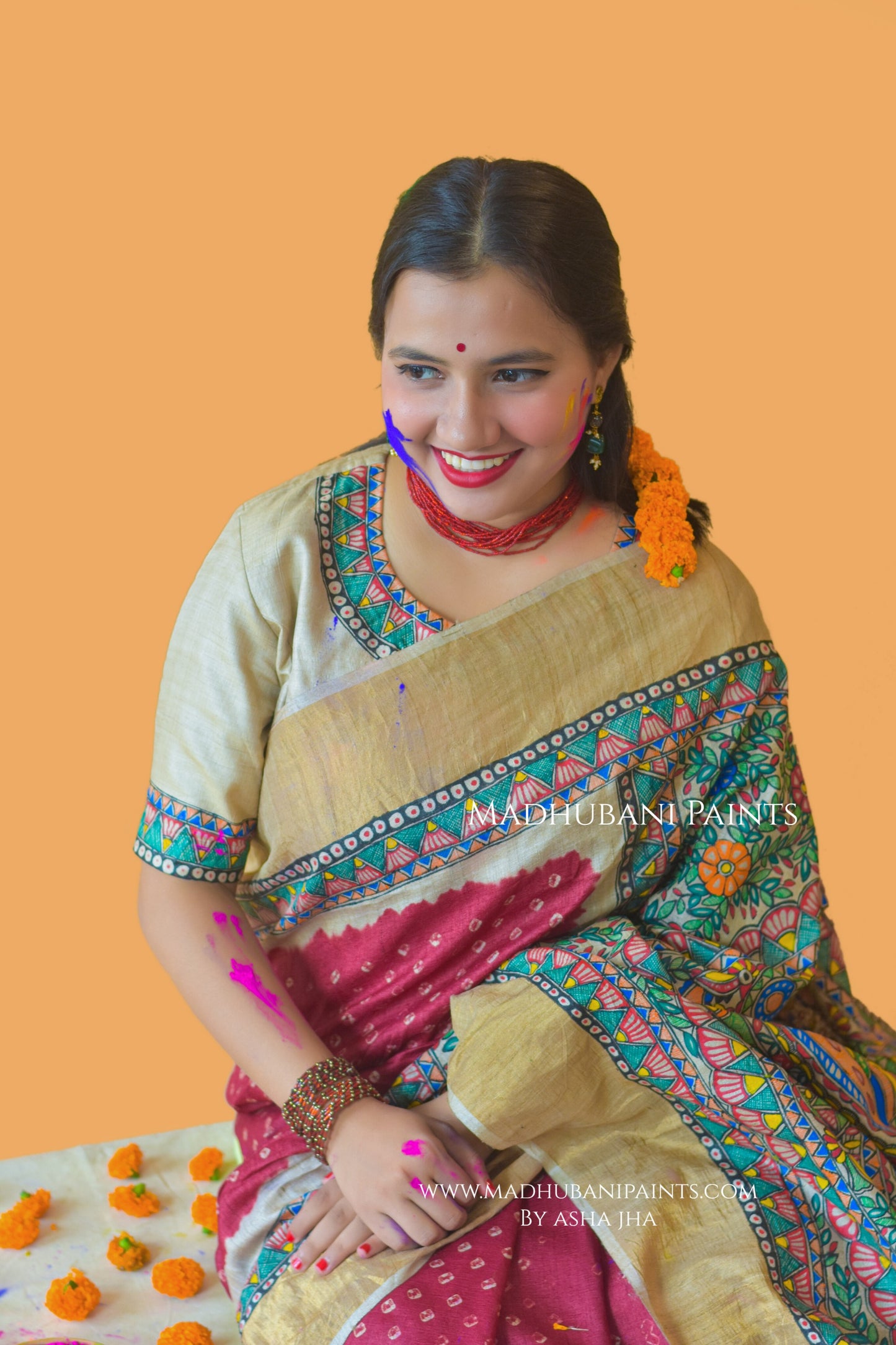 GAURI PUJA Hand-painted Madhubani Bandhini Tussar Silk Saree