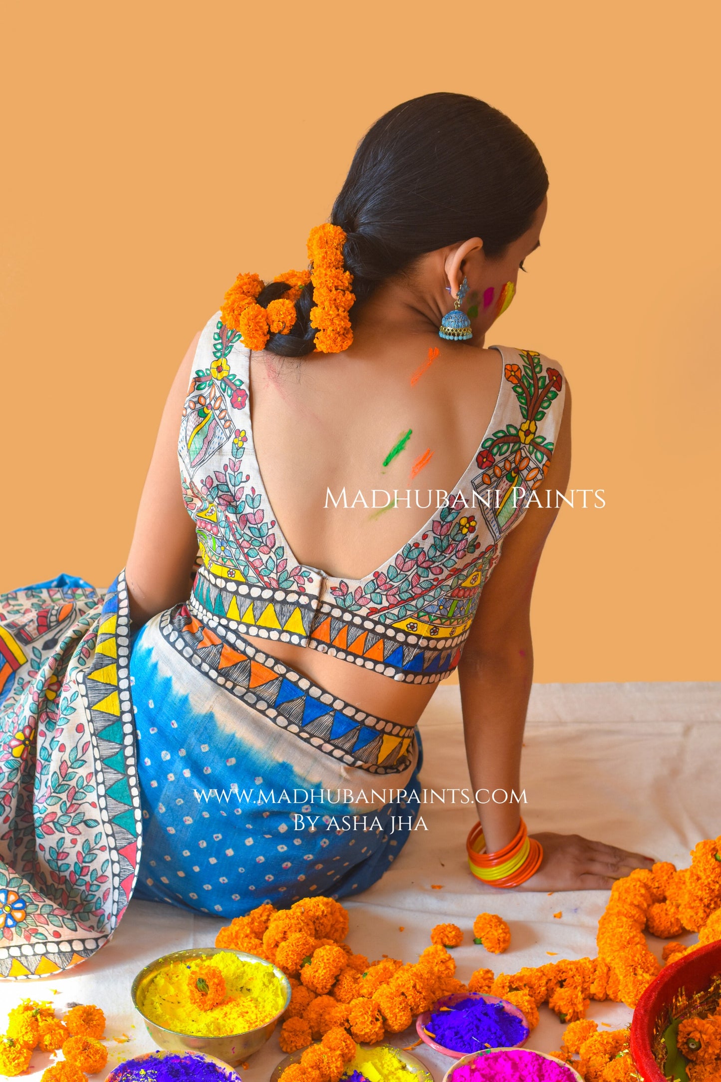 VANDURGA Hand-painted Madhubani Bandhini Saree Blouse Set