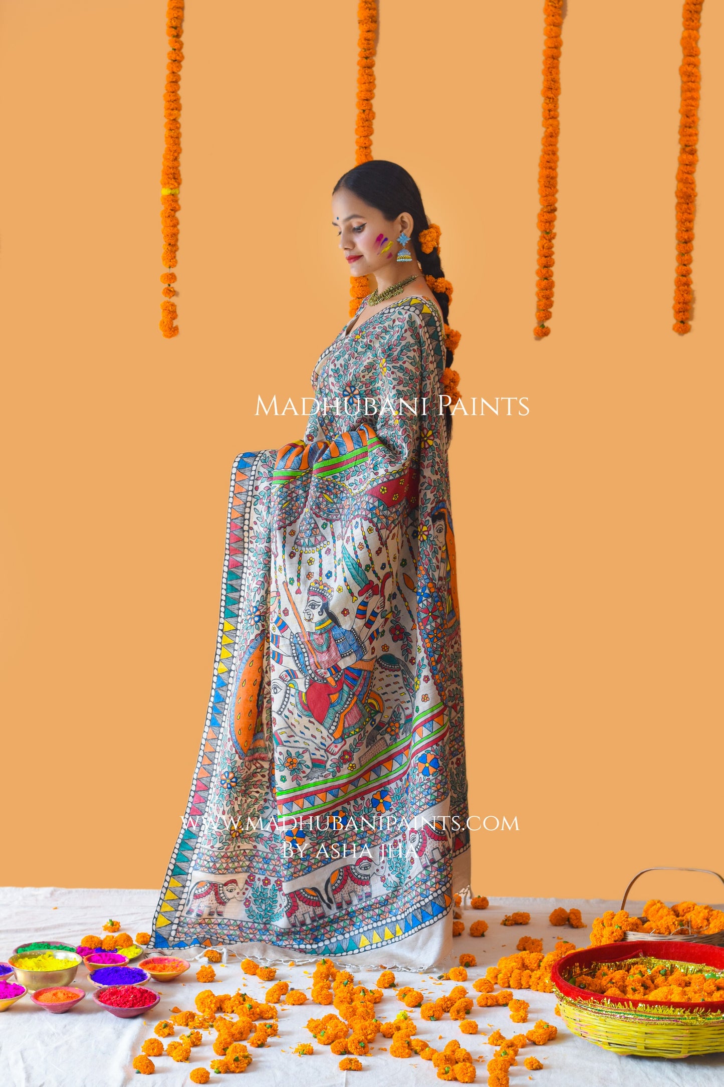 VANDURGA Hand-painted Madhubani Bandhini Saree Blouse Set
