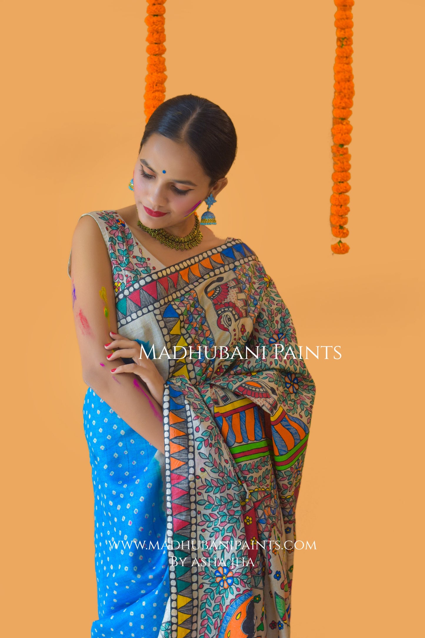 VANDURGA Hand-painted Madhubani Bandhini Saree Blouse Set