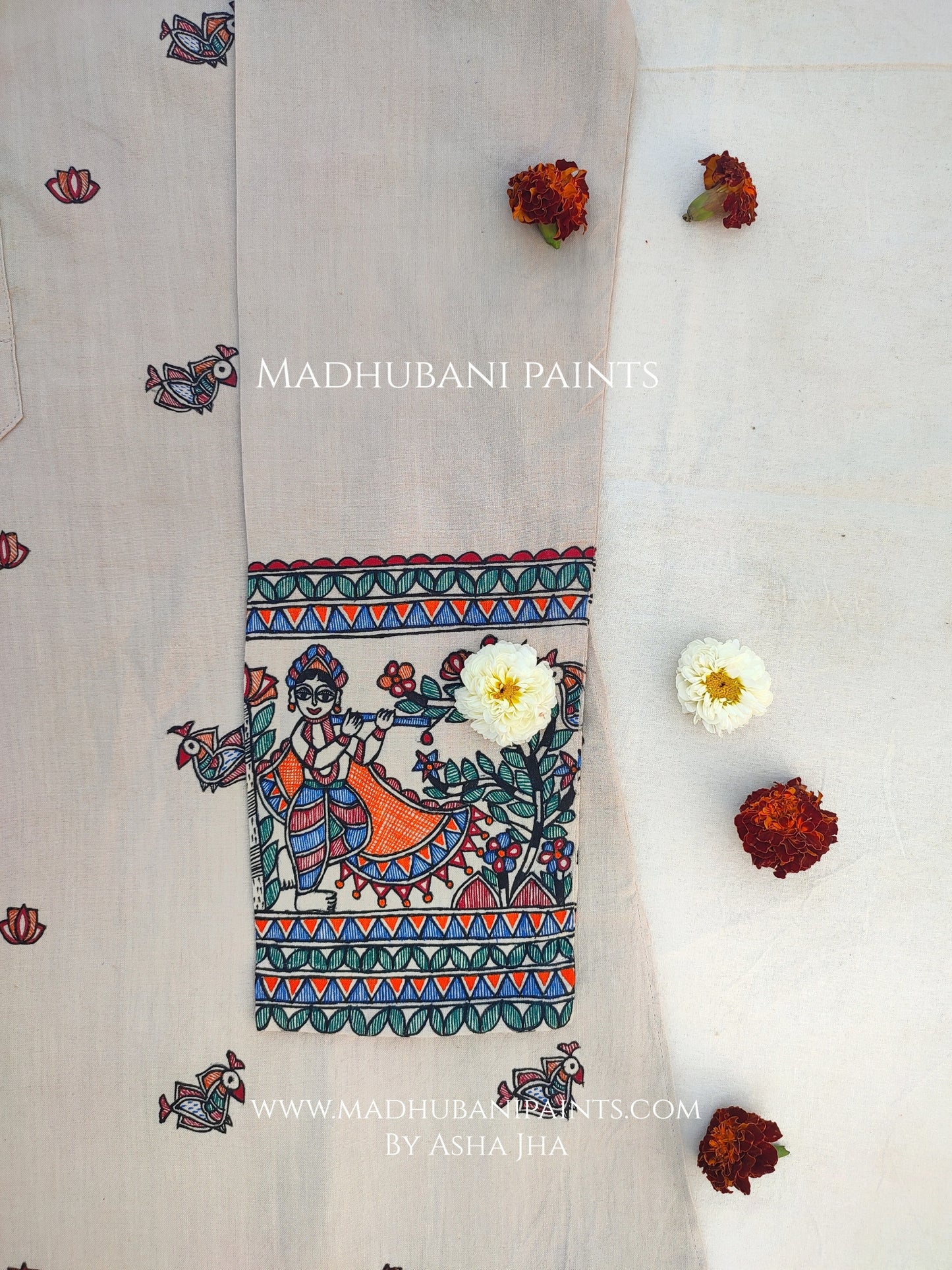 Radha Krishna Mayuri Hand-painted Handloom Men's Cotton Kurta