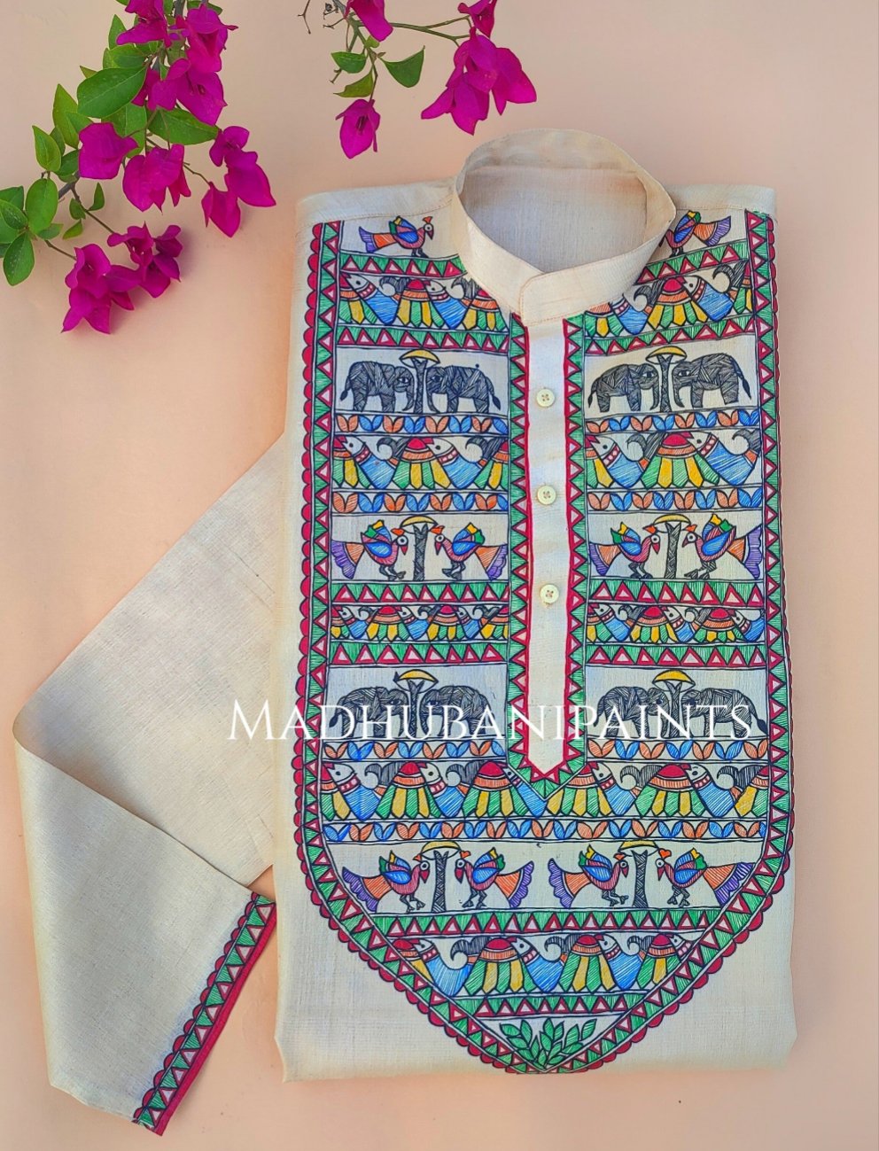 Hathi Mor Machli Men's Hand-painted  Madhubani Tussar Silk Kurta