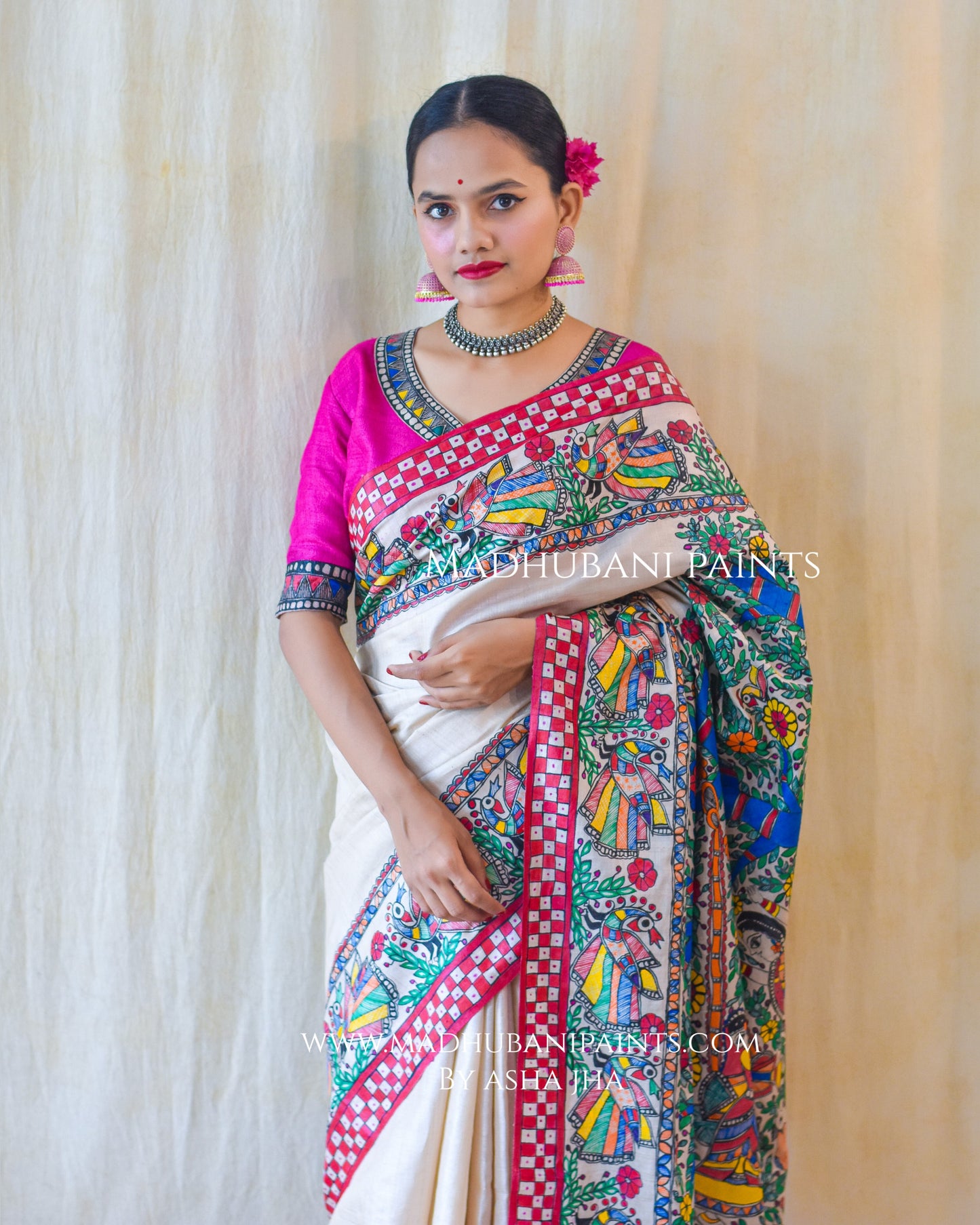 MADHURIMA Hand-painted Madhubani Tussar Silk Saree Blouse Set