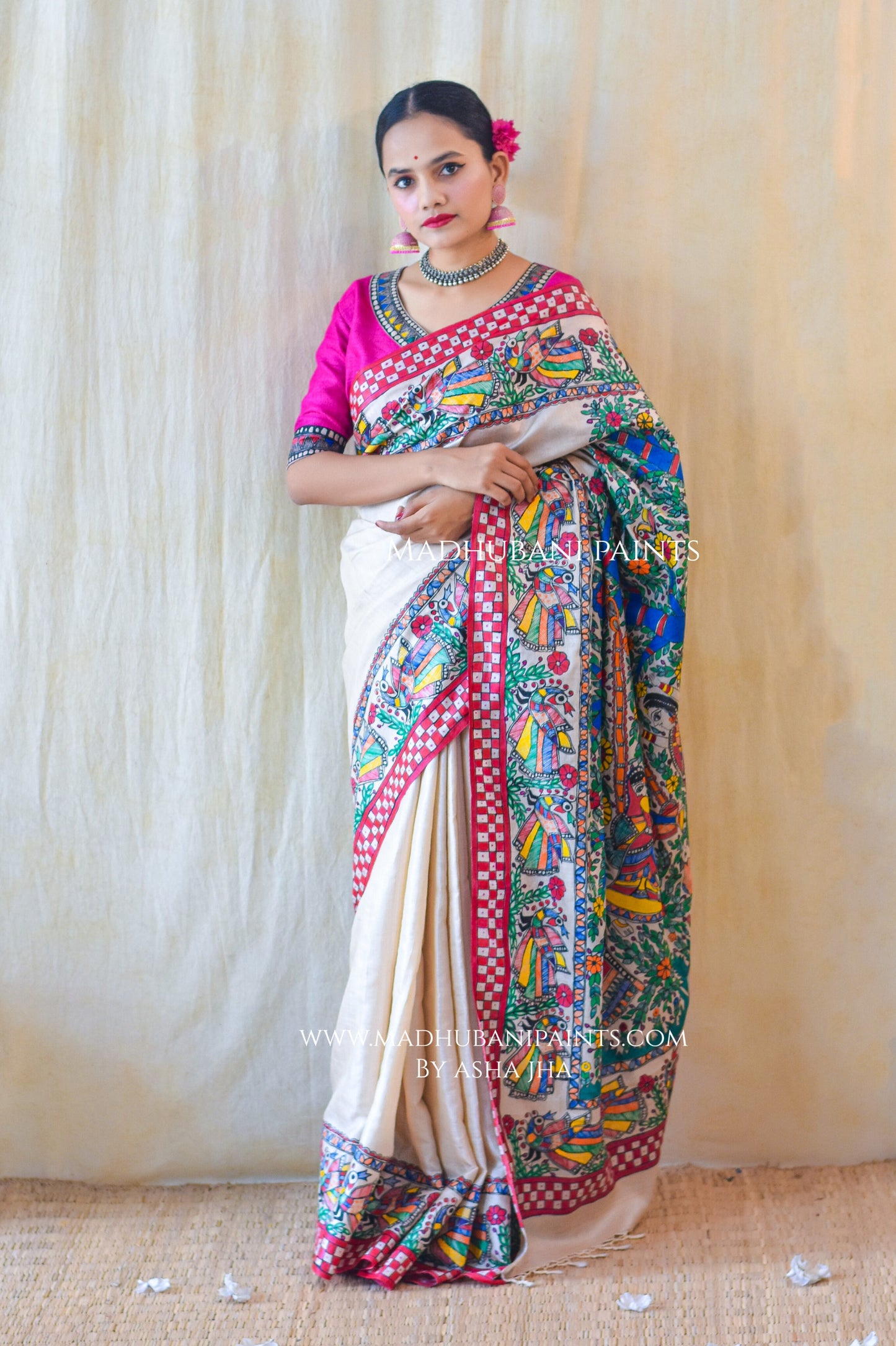 MADHURIMA Hand-painted Madhubani Tussar Silk Saree Blouse Set